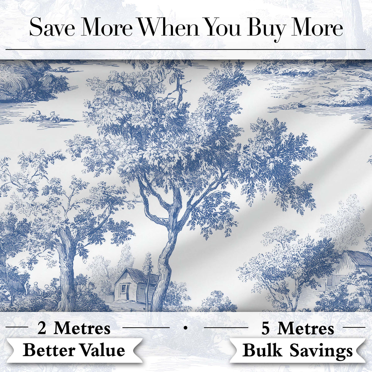 Vintage Toile Tree Botanical Landscape Scene Blue White Seamless Pattern Digital Print Fabric by the Metre UK Sewing Quilting Textile