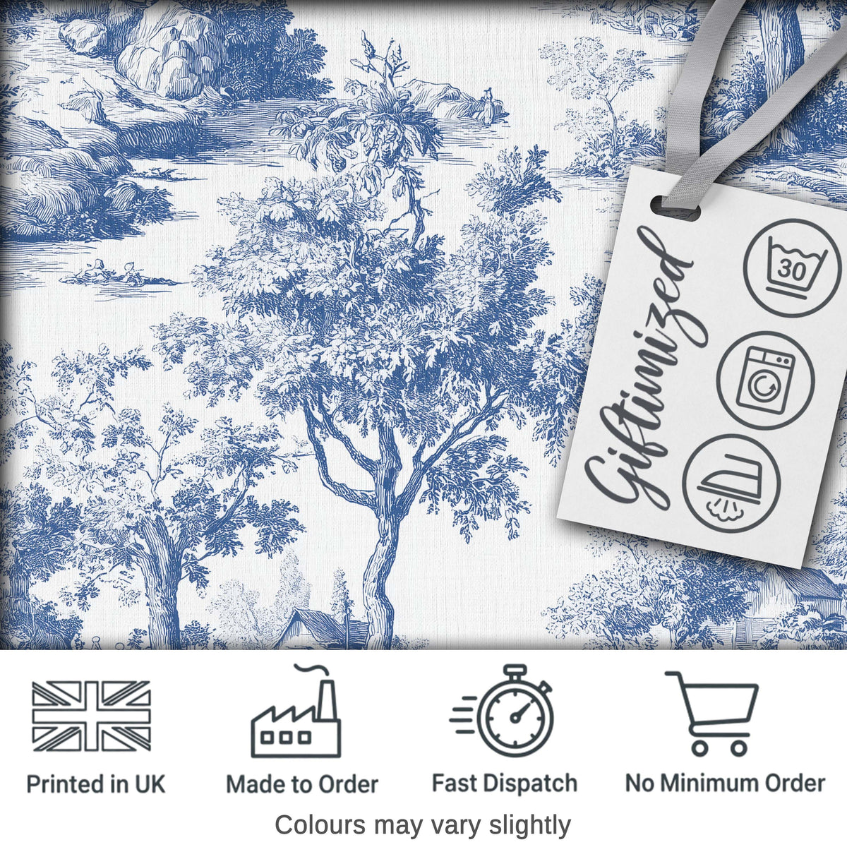 Vintage Toile Tree Botanical Landscape Scene Blue White Seamless Pattern Digital Print Fabric by the Metre UK Sewing Quilting Textile
