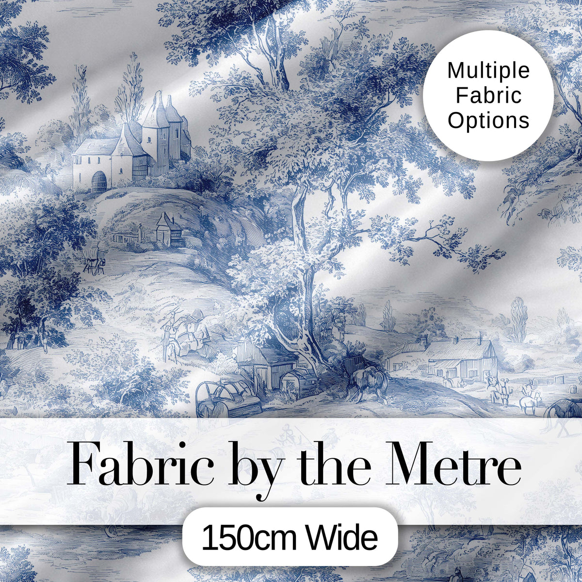 Vintage Toile Classic Rural Landscape Scene Blue White Seamless Pattern Digital Print Fabric by the Metre UK Sewing Quilting Textile