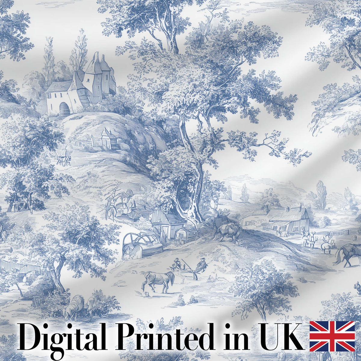 Vintage Toile Classic Rural Landscape Scene Blue White Seamless Pattern Digital Print Fabric by the Metre UK Sewing Quilting Textile