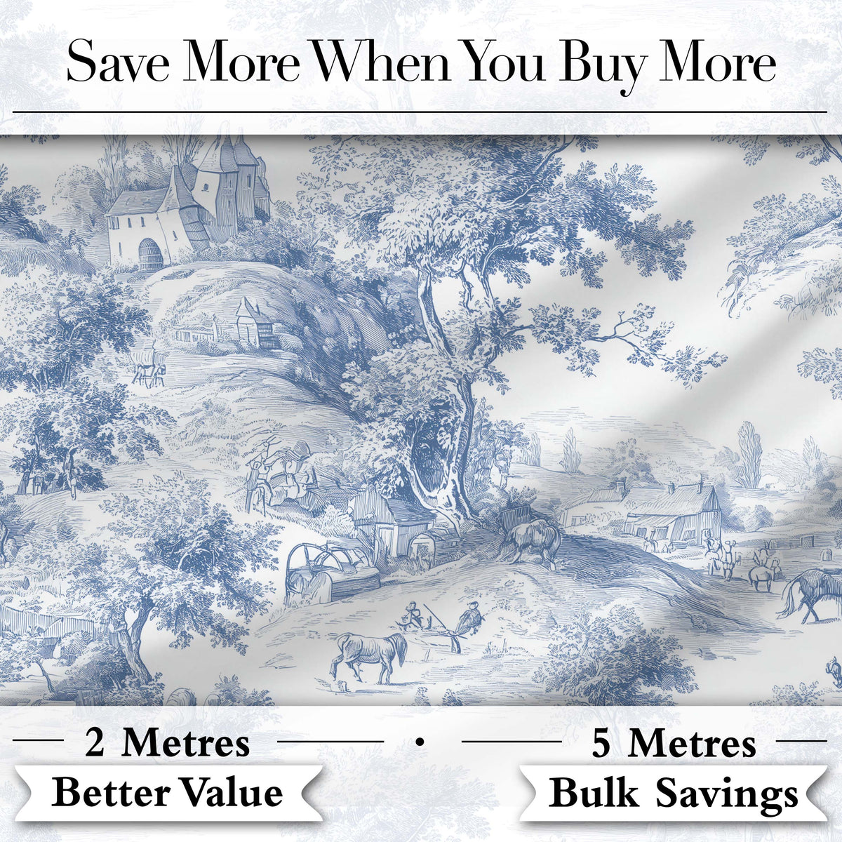 Vintage Toile Classic Rural Landscape Scene Blue White Seamless Pattern Digital Print Fabric by the Metre UK Sewing Quilting Textile