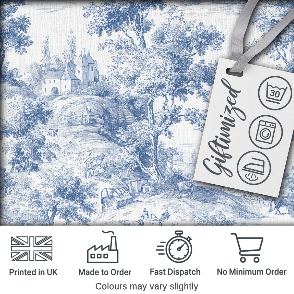 Vintage Toile Classic Rural Landscape Scene Blue White Seamless Pattern Digital Print Fabric by the Metre UK Sewing Quilting Textile