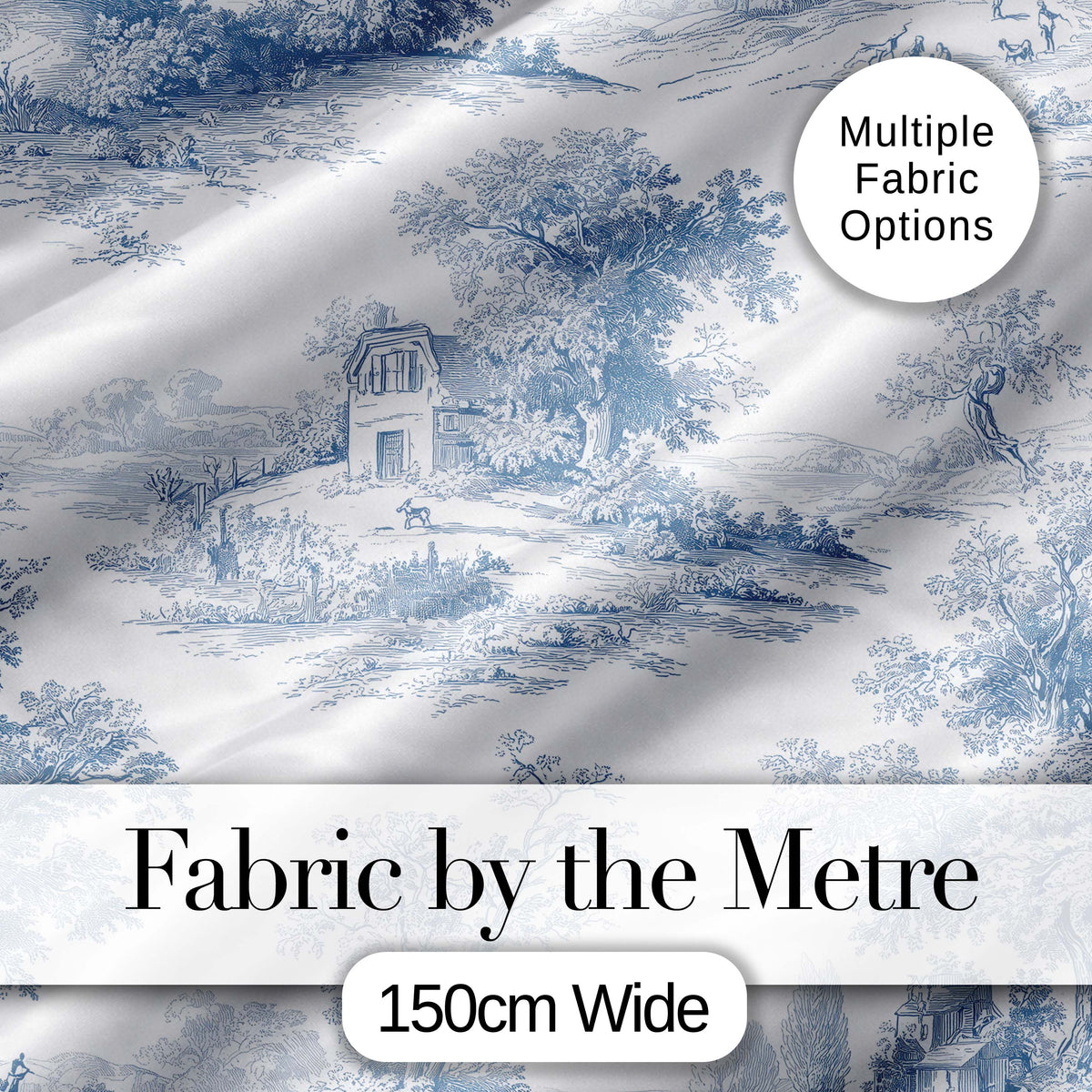 Vintage Toile Cottage River Landscape Scene Blue White Seamless Pattern Digital Print Fabric by the Metre UK Sewing Quilting Textile