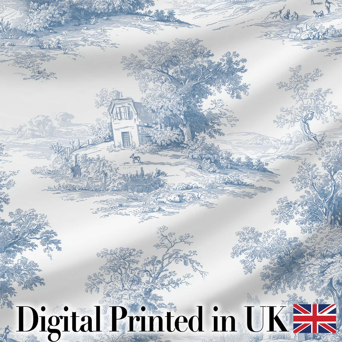Vintage Toile Cottage River Landscape Scene Blue White Seamless Pattern Digital Print Fabric by the Metre UK Sewing Quilting Textile