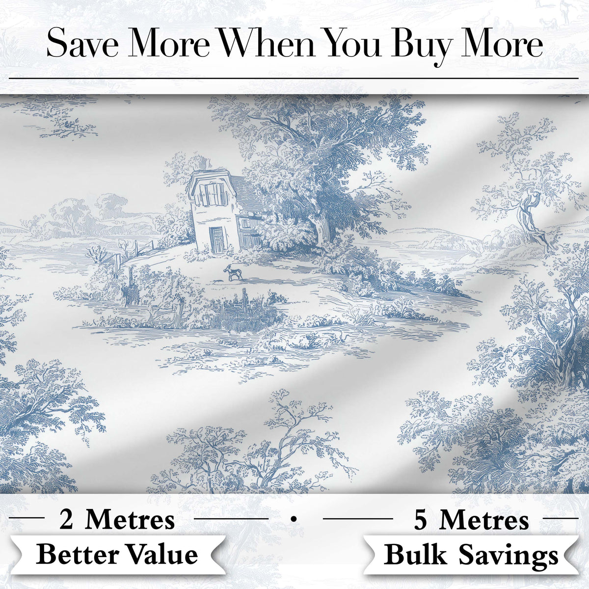 Vintage Toile Cottage River Landscape Scene Blue White Seamless Pattern Digital Print Fabric by the Metre UK Sewing Quilting Textile