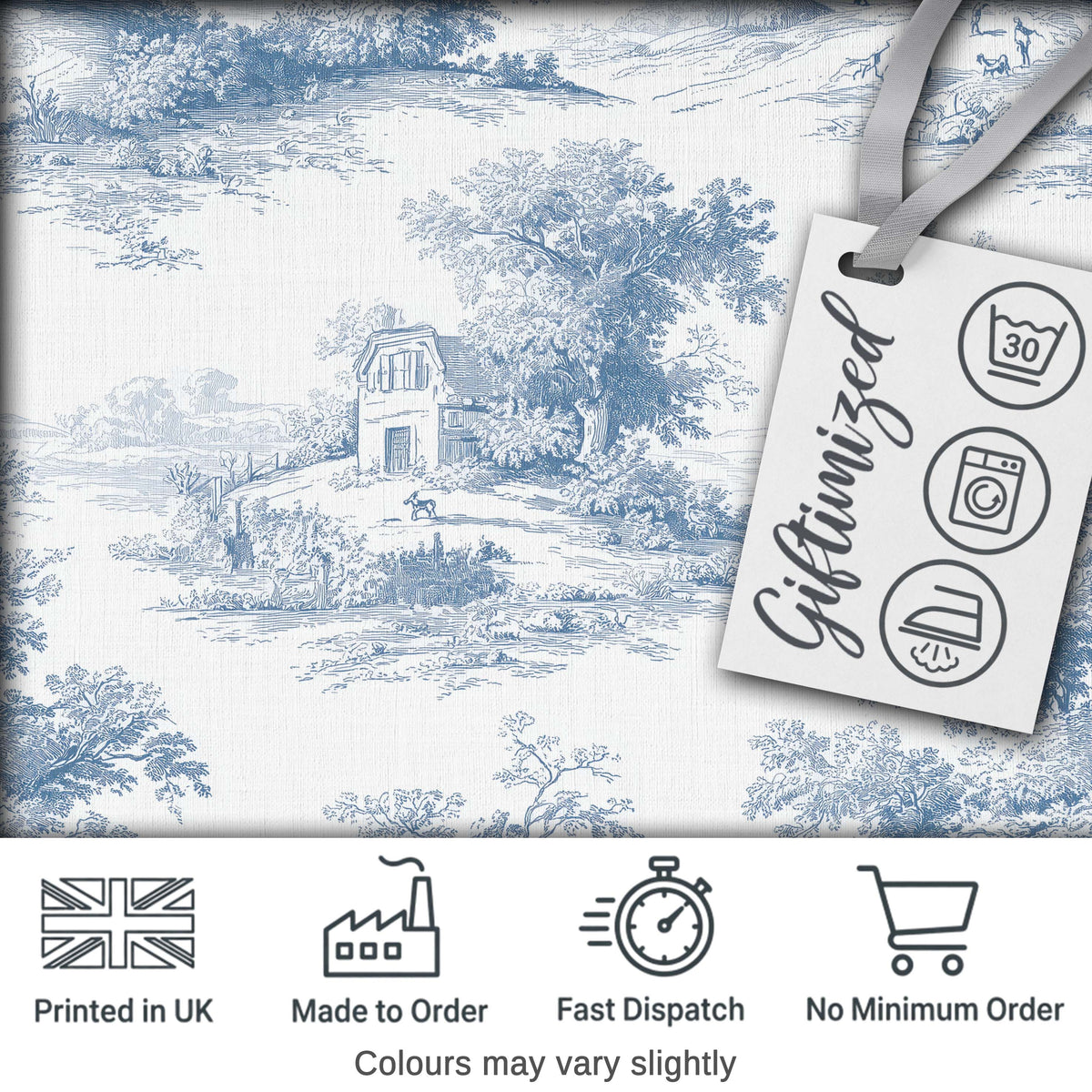 Vintage Toile Cottage River Landscape Scene Blue White Seamless Pattern Digital Print Fabric by the Metre UK Sewing Quilting Textile