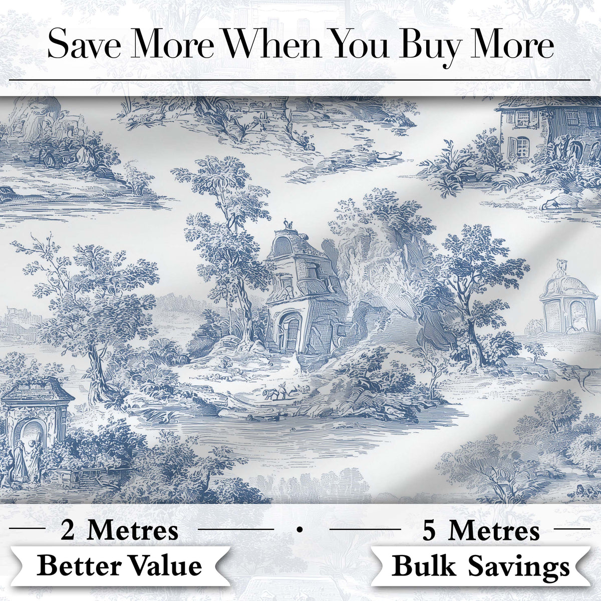 Vintage Toile Classic Village Scenic Landscape Blue White Seamless Pattern Digital Print Fabric by the Metre UK Sewing Quilting Textile