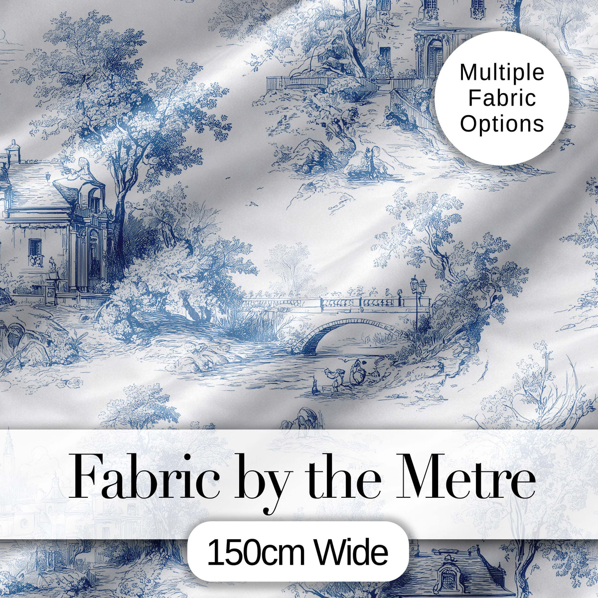Vintage Toile Elegant Garden Bridge Scene Blue White Seamless Pattern Digital Print Fabric by the Metre UK Sewing Quilting Textile