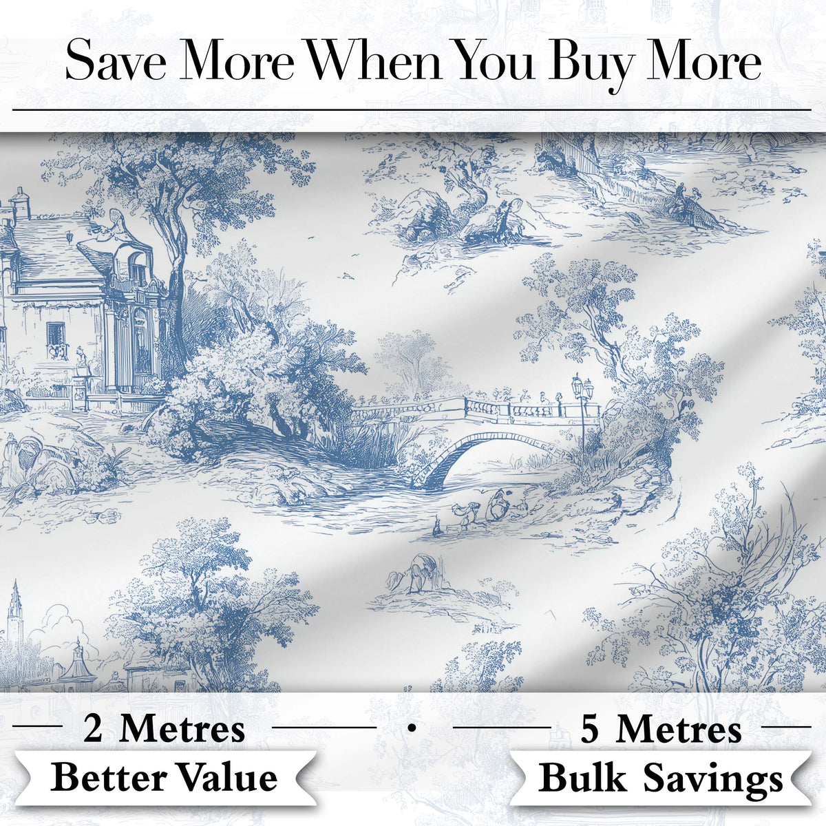 Vintage Toile Elegant Garden Bridge Scene Blue White Seamless Pattern Digital Print Fabric by the Metre UK Sewing Quilting Textile