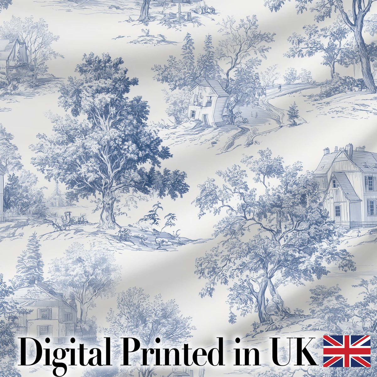 Vintage Toile Rustic Countryside Cottage Scene Blue White Seamless Pattern Digital Print Fabric by the Metre UK Sewing Quilting Textile