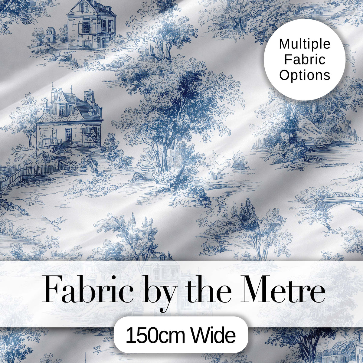 Vintage Toile Tree Nature Countryside Scene Blue White Seamless Pattern Digital Print Fabric by the Metre UK Sewing Quilting Textile