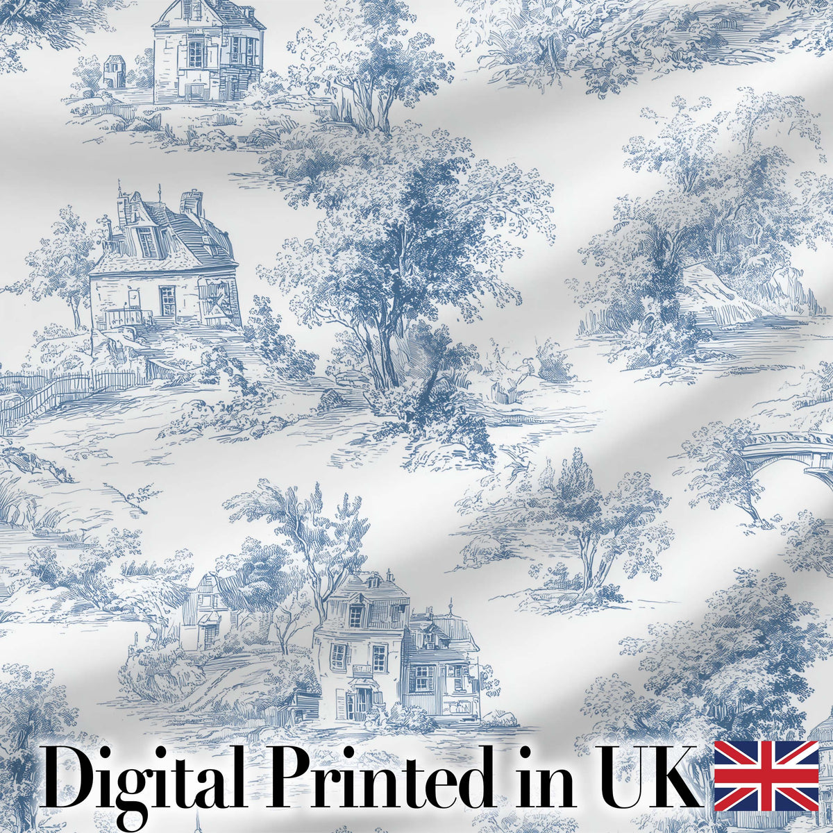 Vintage Toile Tree Nature Countryside Scene Blue White Seamless Pattern Digital Print Fabric by the Metre UK Sewing Quilting Textile