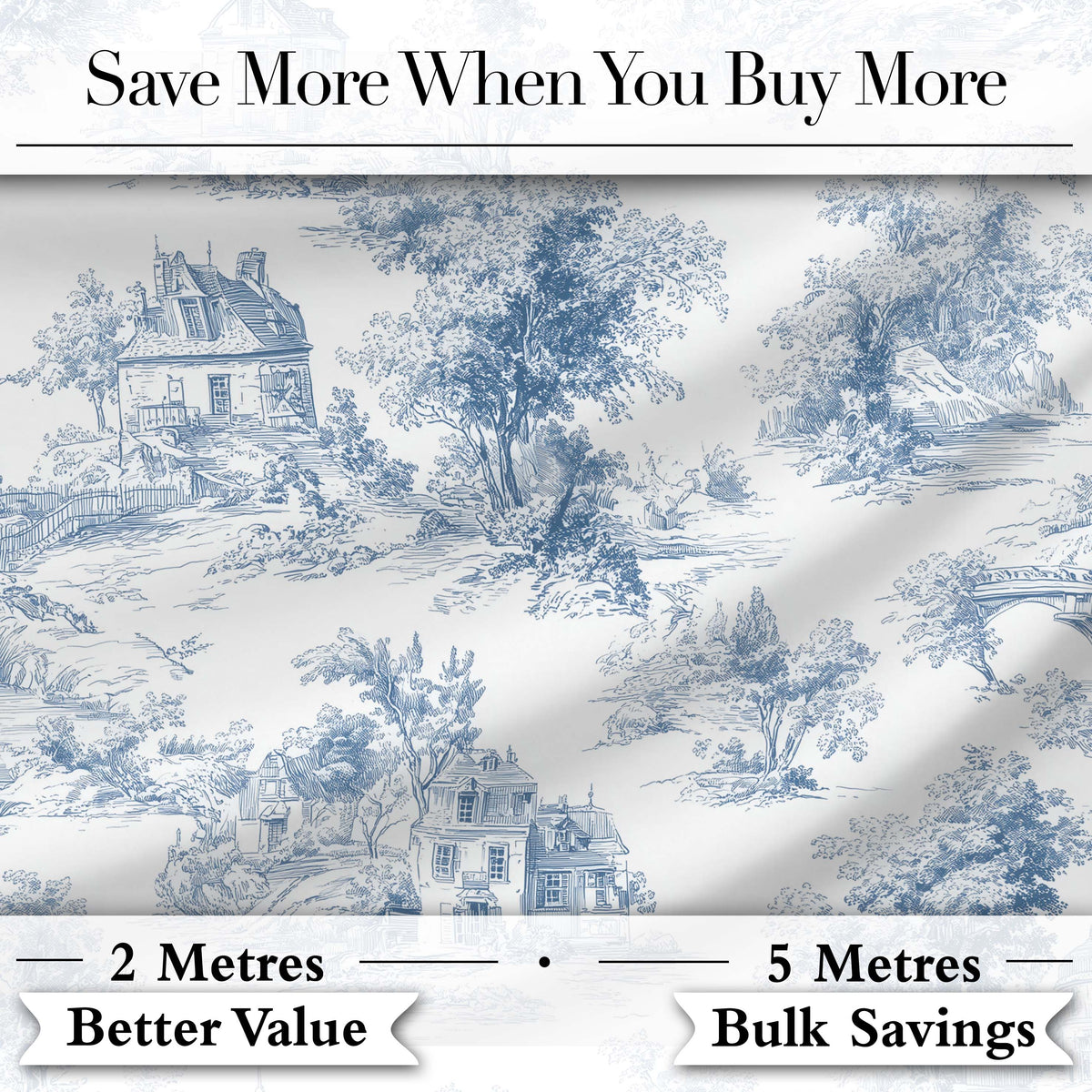 Vintage Toile Tree Nature Countryside Scene Blue White Seamless Pattern Digital Print Fabric by the Metre UK Sewing Quilting Textile