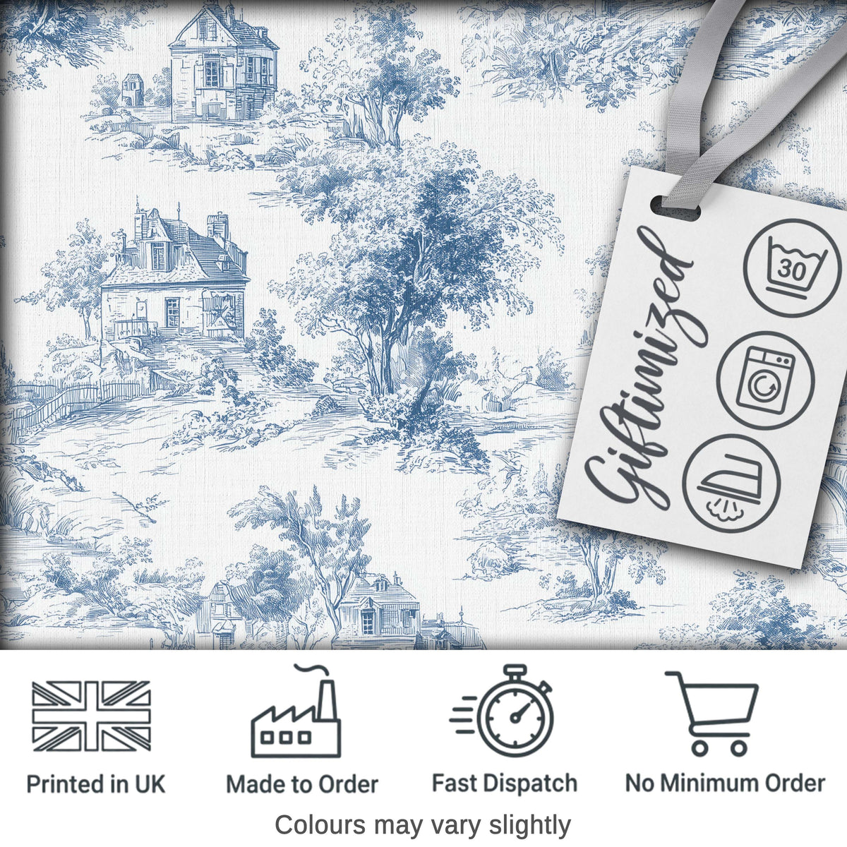 Vintage Toile Tree Nature Countryside Scene Blue White Seamless Pattern Digital Print Fabric by the Metre UK Sewing Quilting Textile