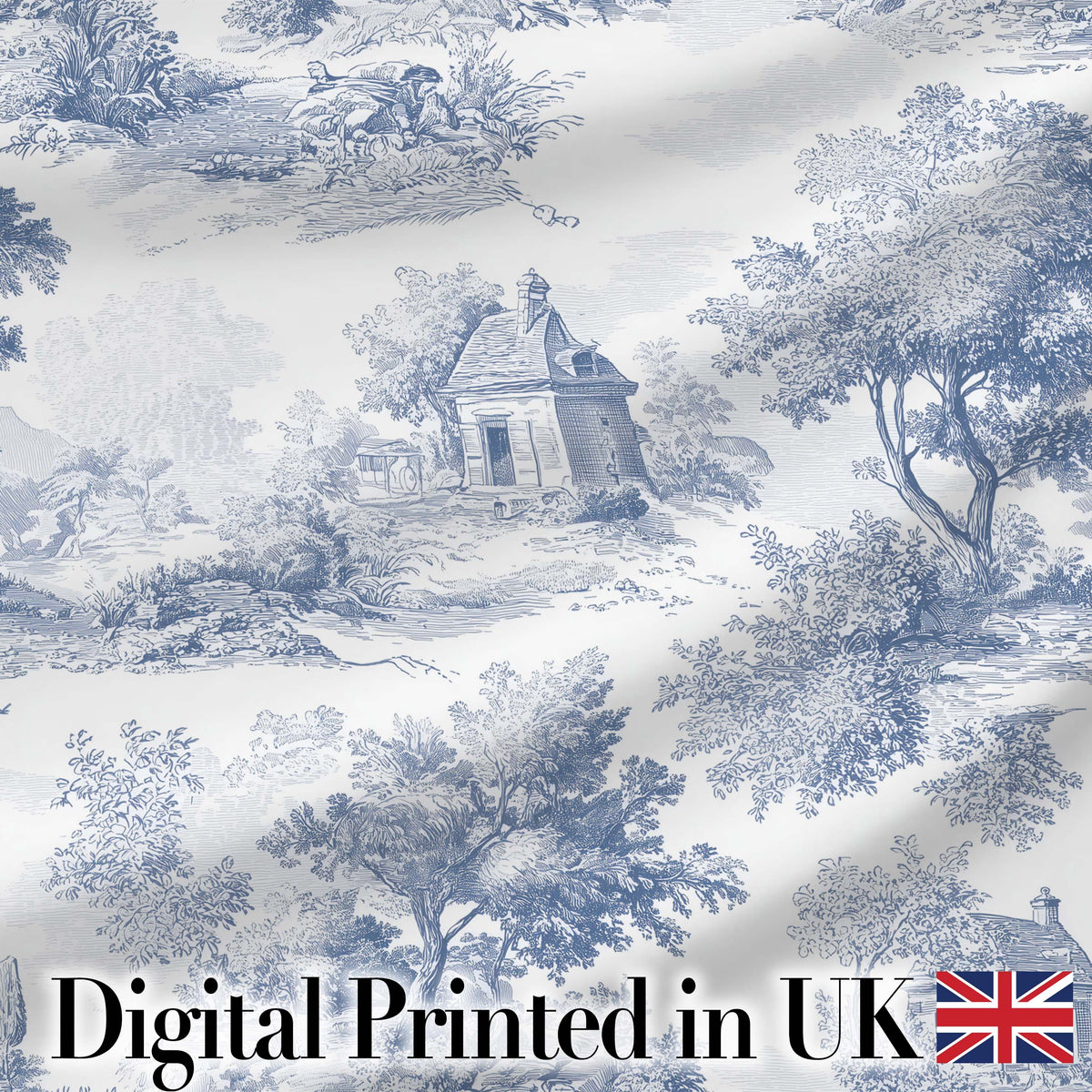 Vintage Toile Country House Landscape Scene Blue White Seamless Pattern Digital Print Fabric by the Metre UK Sewing Quilting Textile