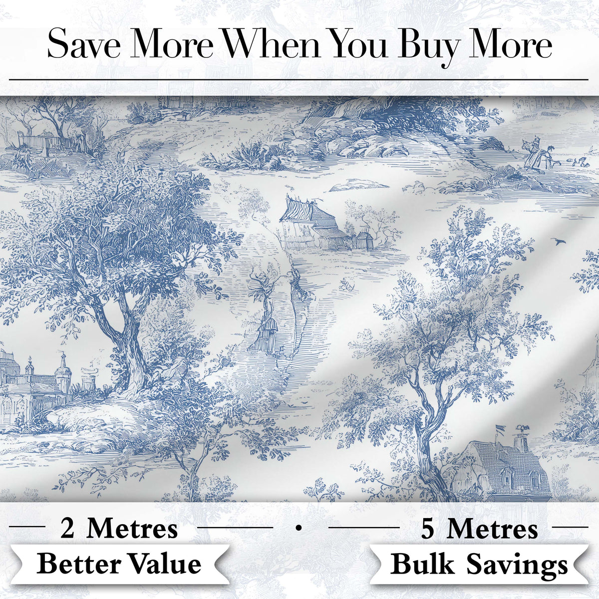 Vintage Toile Scenic Rural Village Landscape Blue White Seamless Pattern Digital Print Fabric by the Metre UK Sewing Quilting Textile