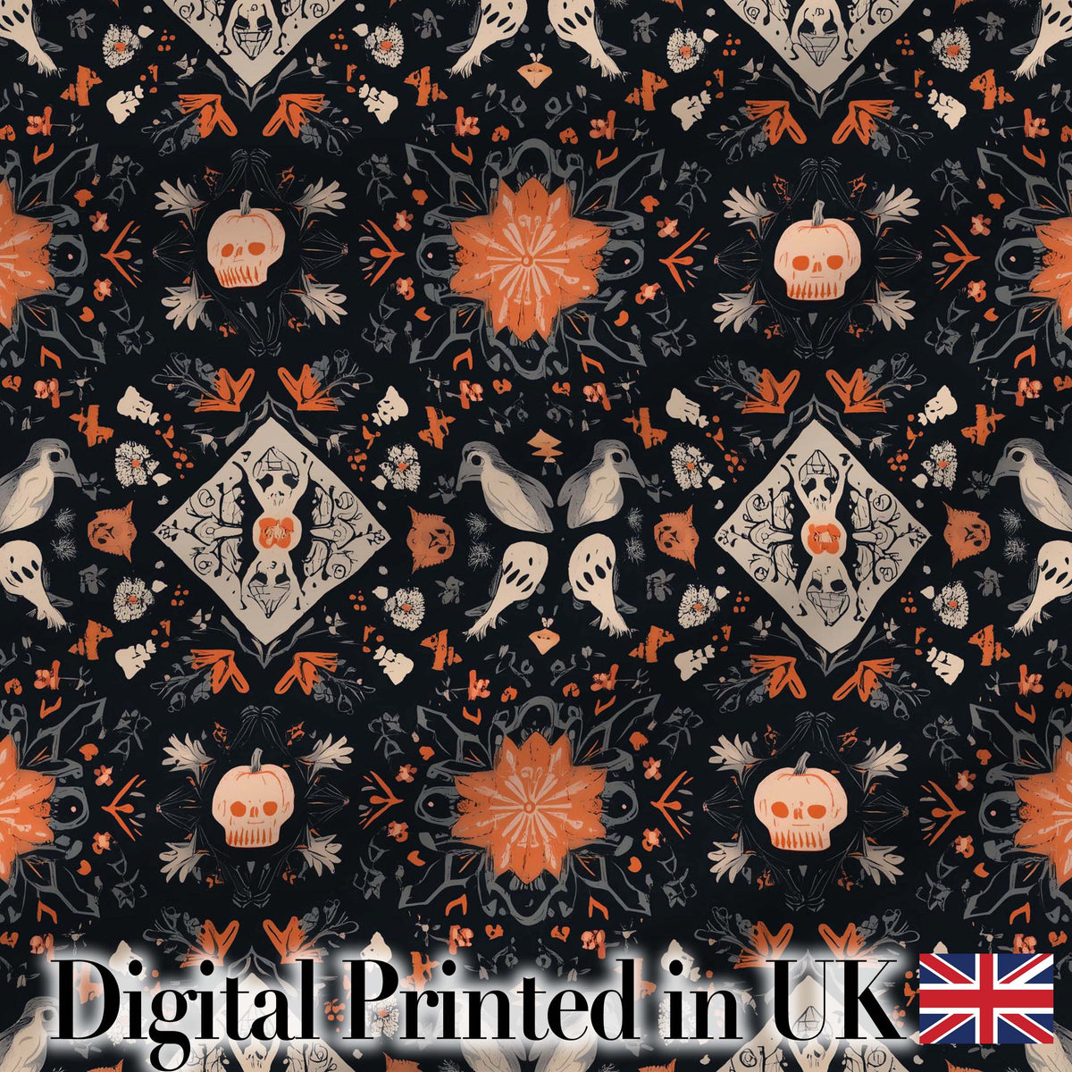 Halloween Skull Pumpkin Folk Art Dark Seamless Pattern Digital Print Fabric by the Metre UK Sewing Quilting Textile