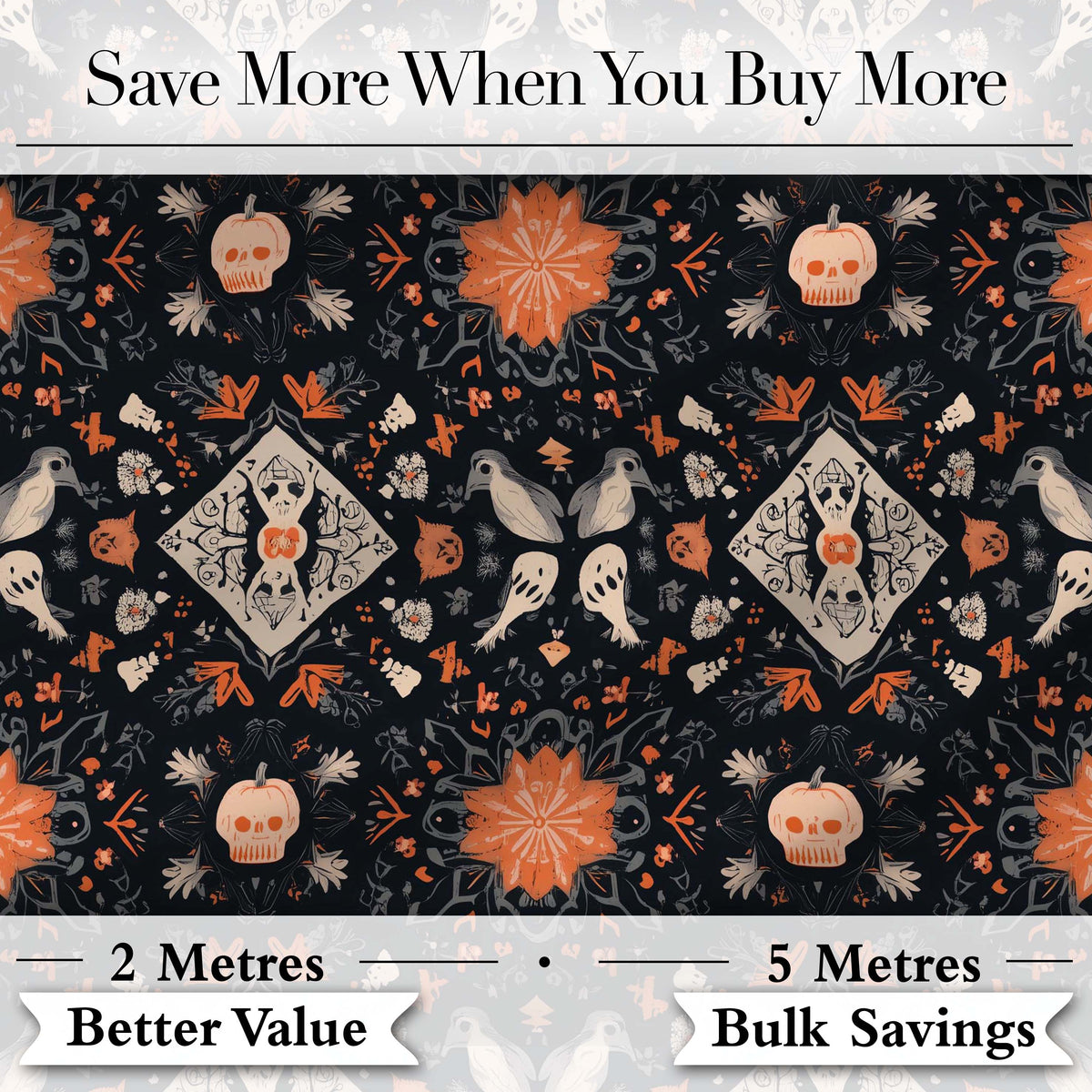 Halloween Skull Pumpkin Folk Art Dark Seamless Pattern Digital Print Fabric by the Metre UK Sewing Quilting Textile