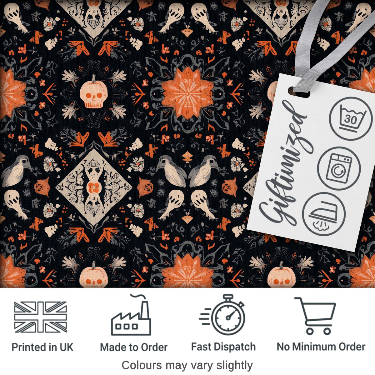 Halloween Skull Pumpkin Folk Art Dark Seamless Pattern Digital Print Fabric by the Metre UK Sewing Quilting Textile
