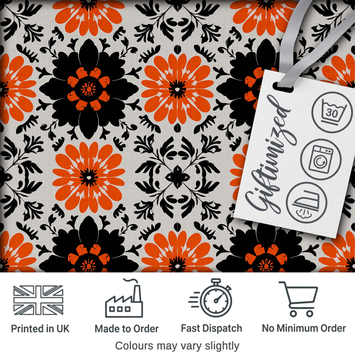 Bold Orange Black Floral Folk Art Seamless Pattern Digital Print Fabric by the Metre UK Sewing Quilting Textile