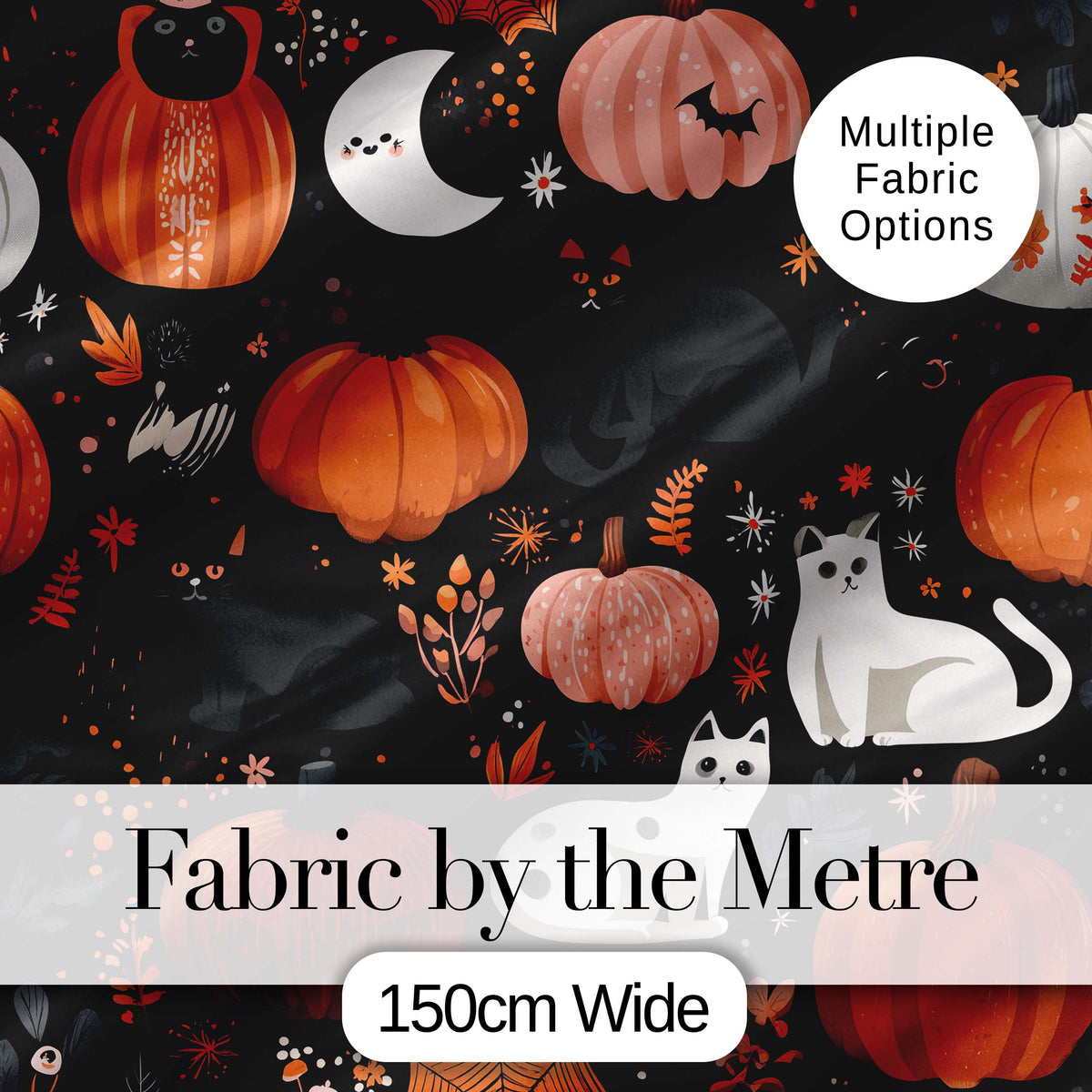 Cute Halloween Cats Pumpkins Moon Night Seamless Pattern Digital Print Fabric by the Metre UK Sewing Quilting Textile