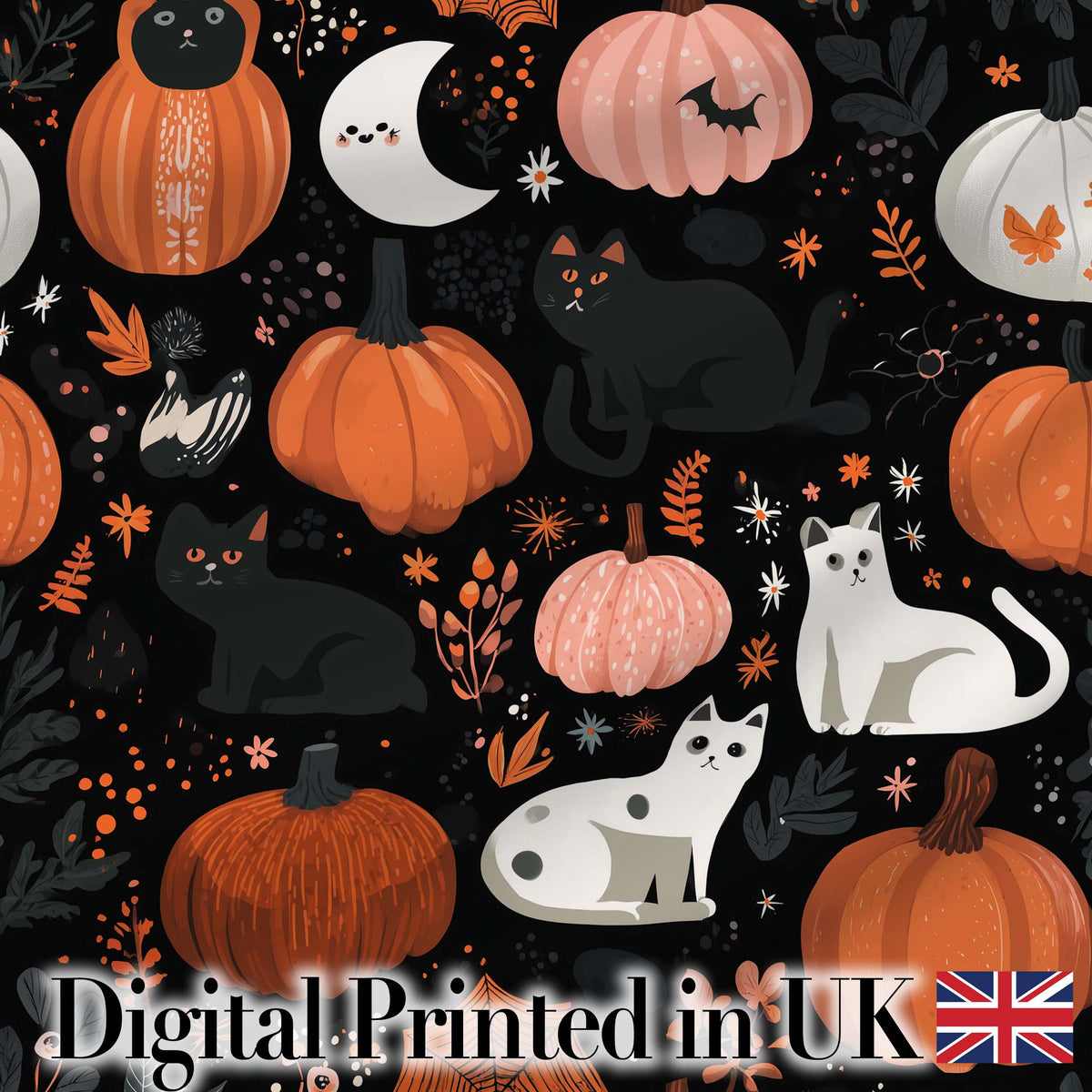 Cute Halloween Cats Pumpkins Moon Night Seamless Pattern Digital Print Fabric by the Metre UK Sewing Quilting Textile