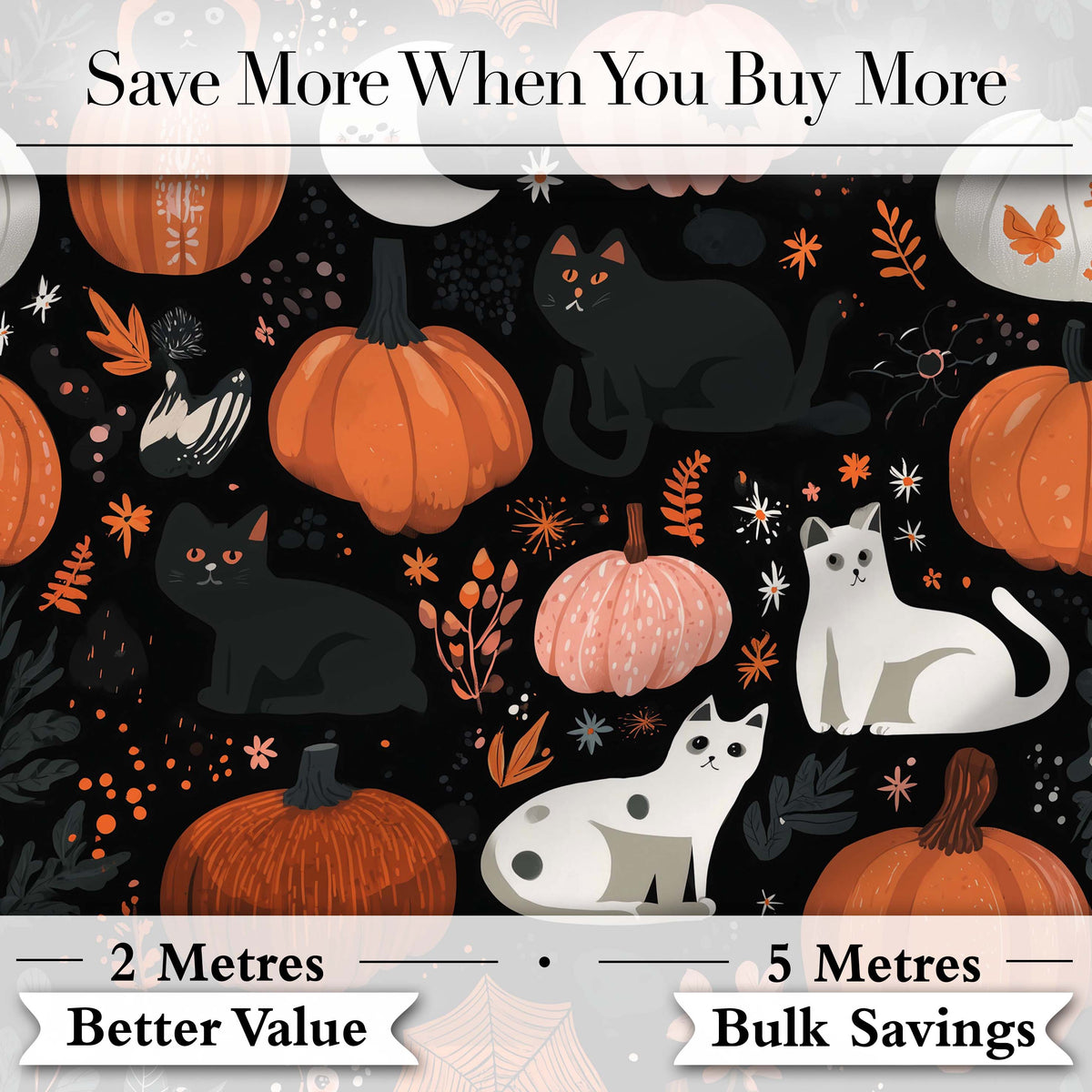 Cute Halloween Cats Pumpkins Moon Night Seamless Pattern Digital Print Fabric by the Metre UK Sewing Quilting Textile