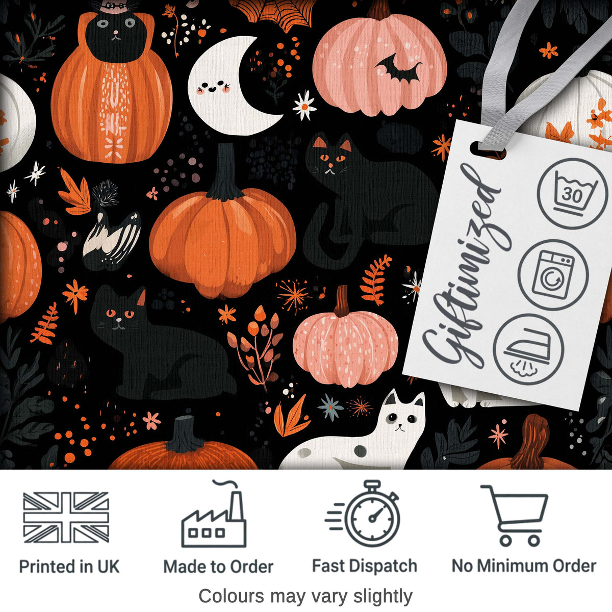 Cute Halloween Cats Pumpkins Moon Night Seamless Pattern Digital Print Fabric by the Metre UK Sewing Quilting Textile