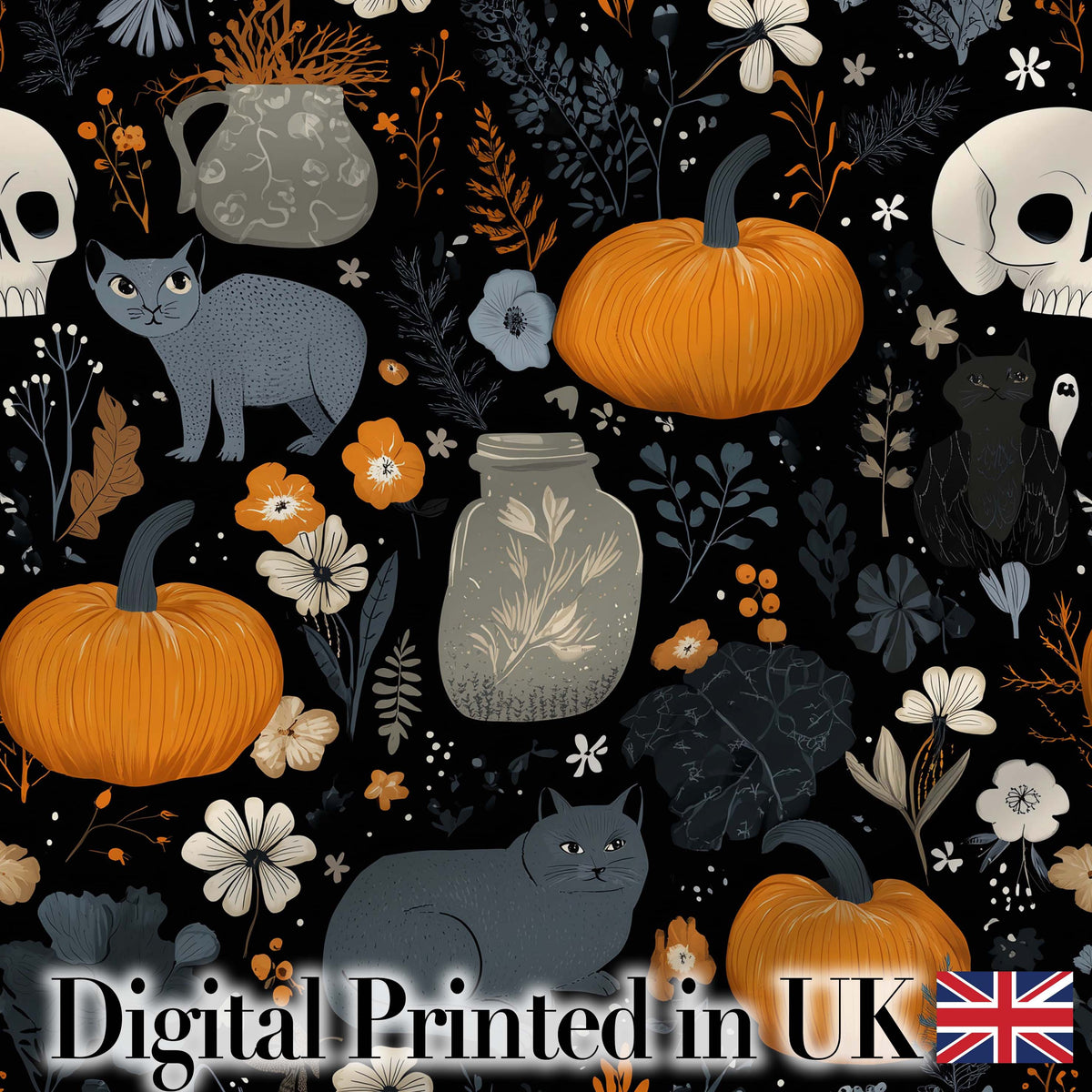 Autumn Pumpkin Cat Botanical Dark Seamless Pattern Digital Print Fabric by the Metre UK Sewing Quilting Textile