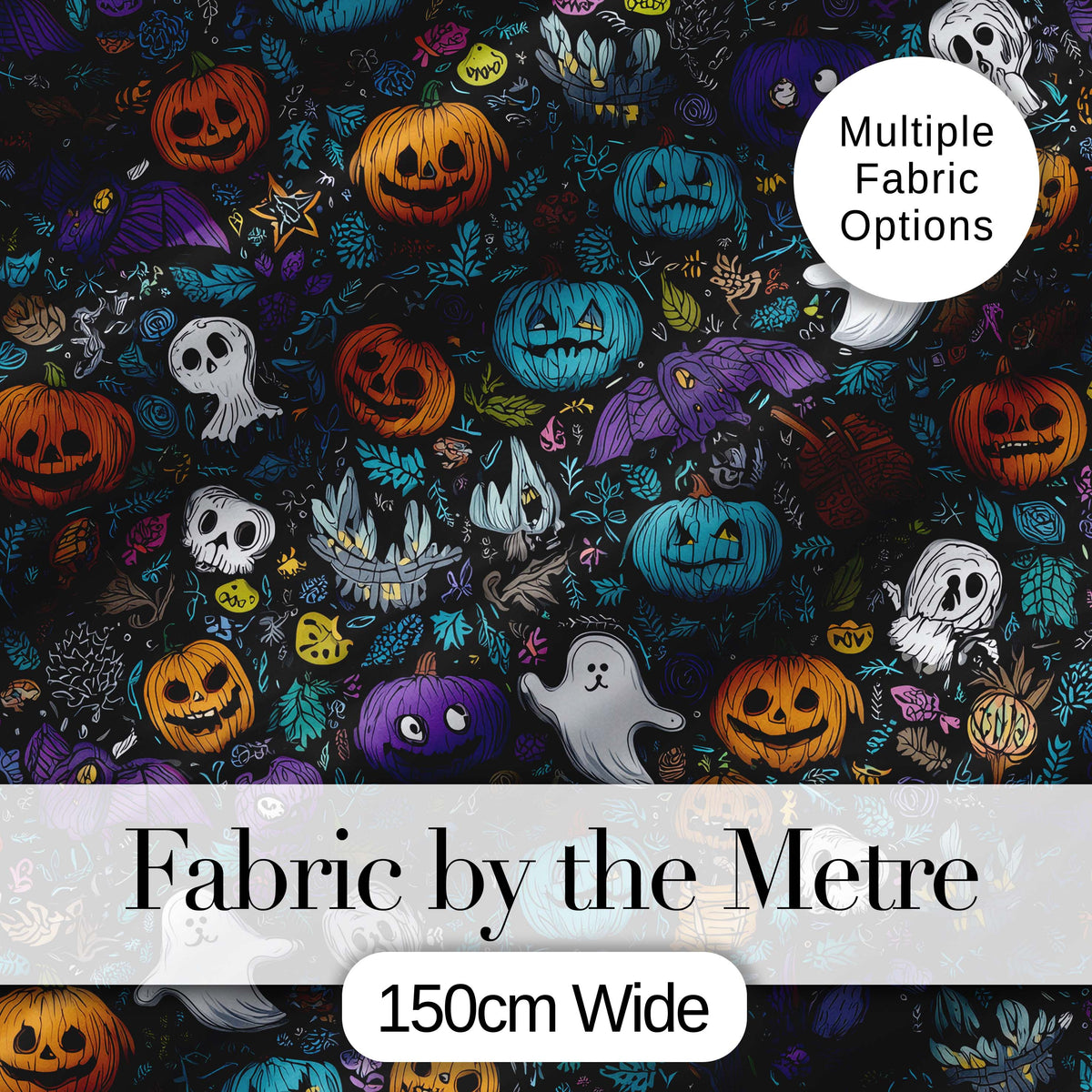 Spooky Halloween Pumpkins Ghosts Leaves Seamless Pattern Digital Print Fabric by the Metre UK Sewing Quilting Textile