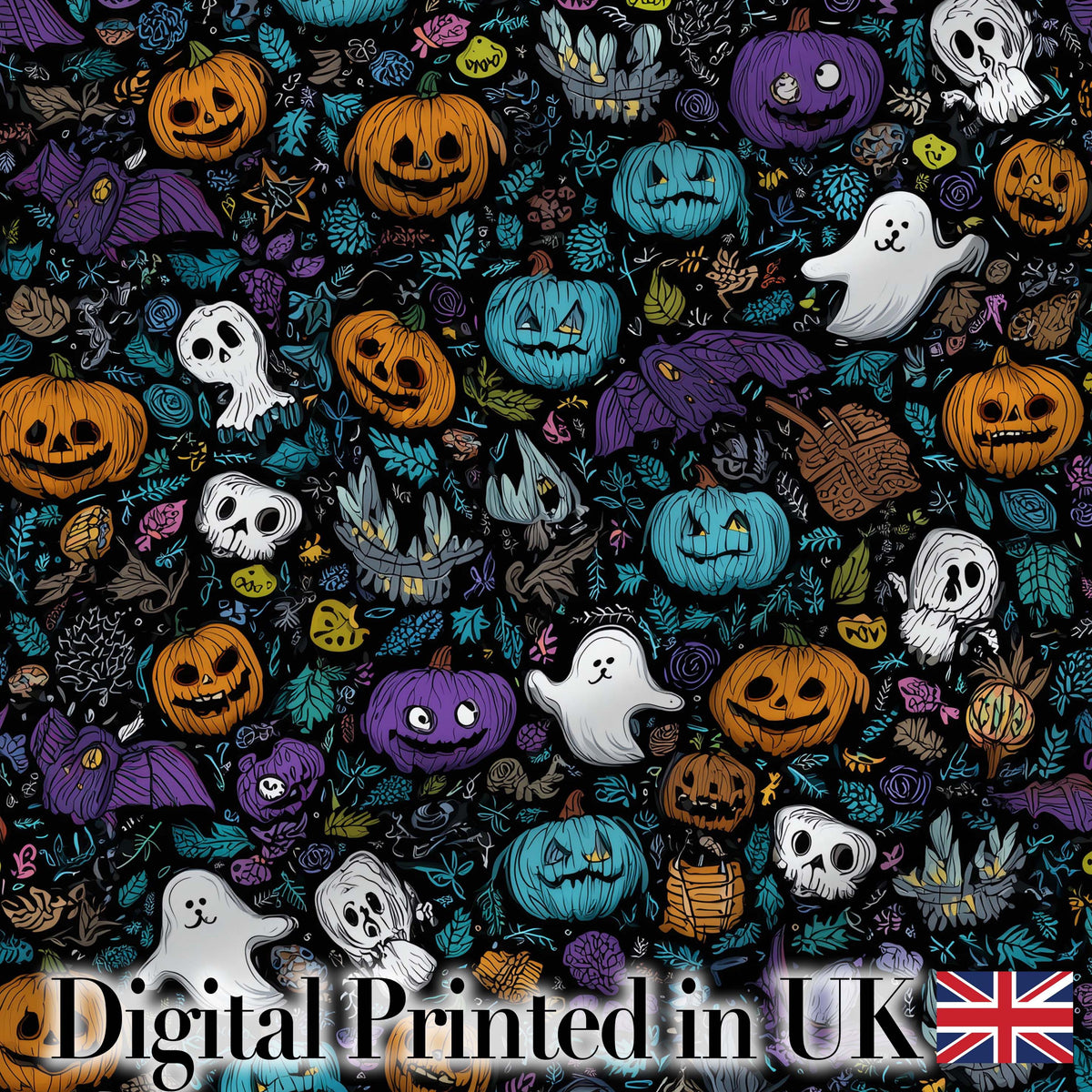 Spooky Halloween Pumpkins Ghosts Leaves Seamless Pattern Digital Print Fabric by the Metre UK Sewing Quilting Textile