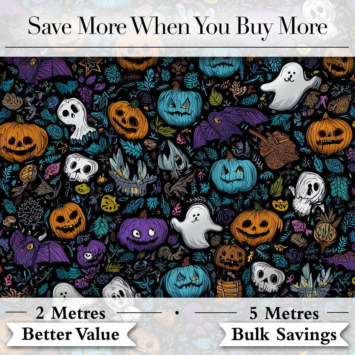 Spooky Halloween Pumpkins Ghosts Leaves Seamless Pattern Digital Print Fabric by the Metre UK Sewing Quilting Textile