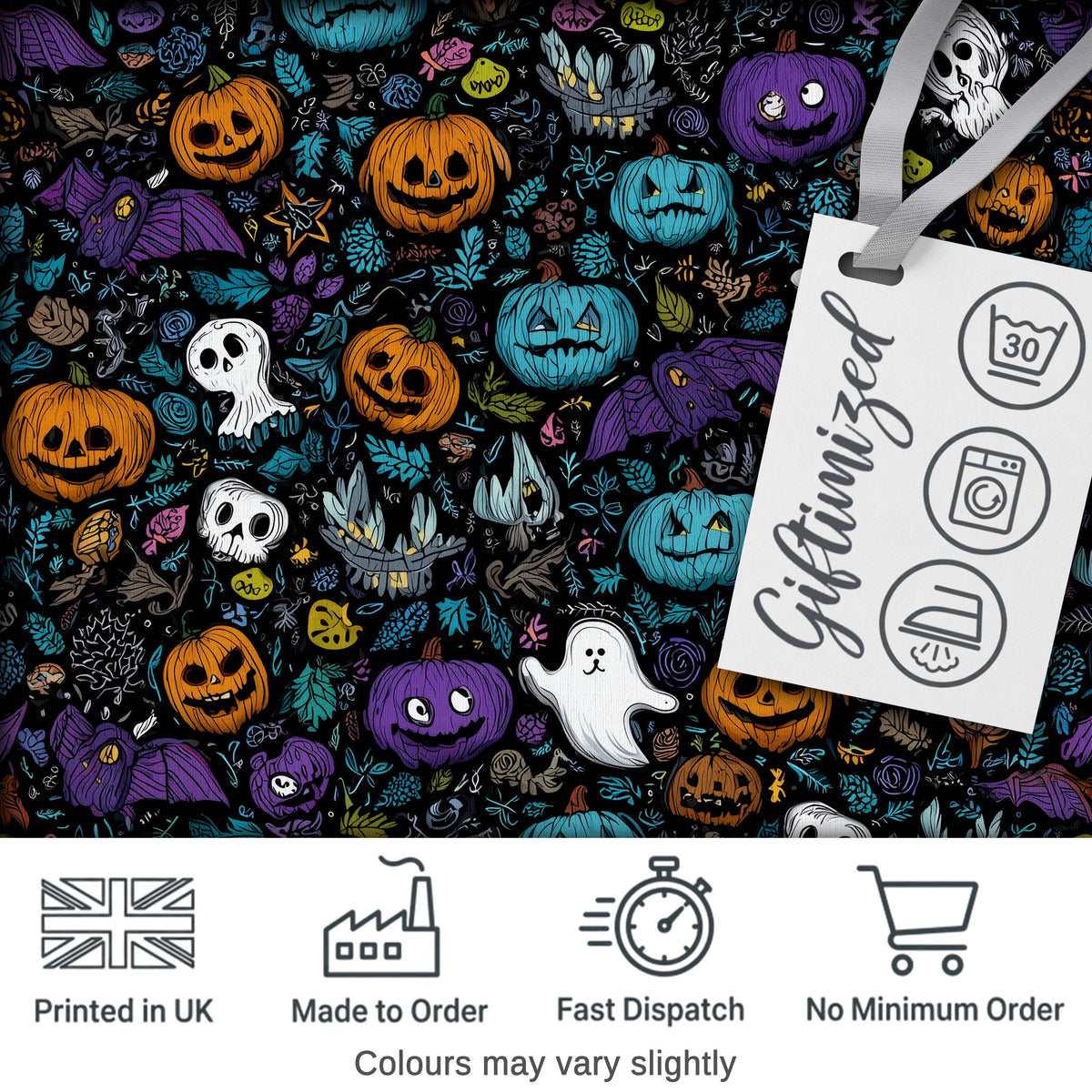 Spooky Halloween Pumpkins Ghosts Leaves Seamless Pattern Digital Print Fabric by the Metre UK Sewing Quilting Textile