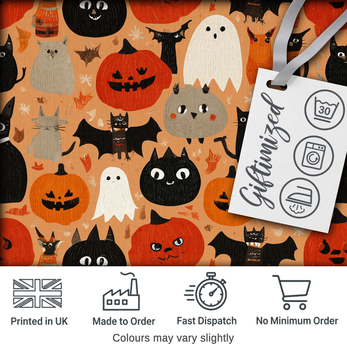 Cute Halloween Cats Bats Pumpkins Seamless Pattern Digital Print Fabric by the Metre UK Sewing Quilting Textile