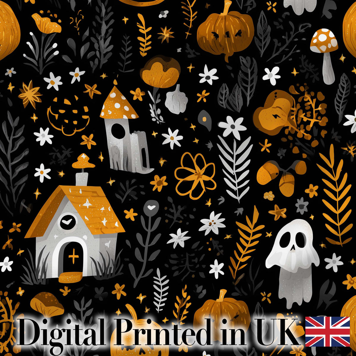 Halloween Cute Ghost House Floral Night Seamless Pattern Digital Print Fabric by the Metre UK Sewing Quilting Textile