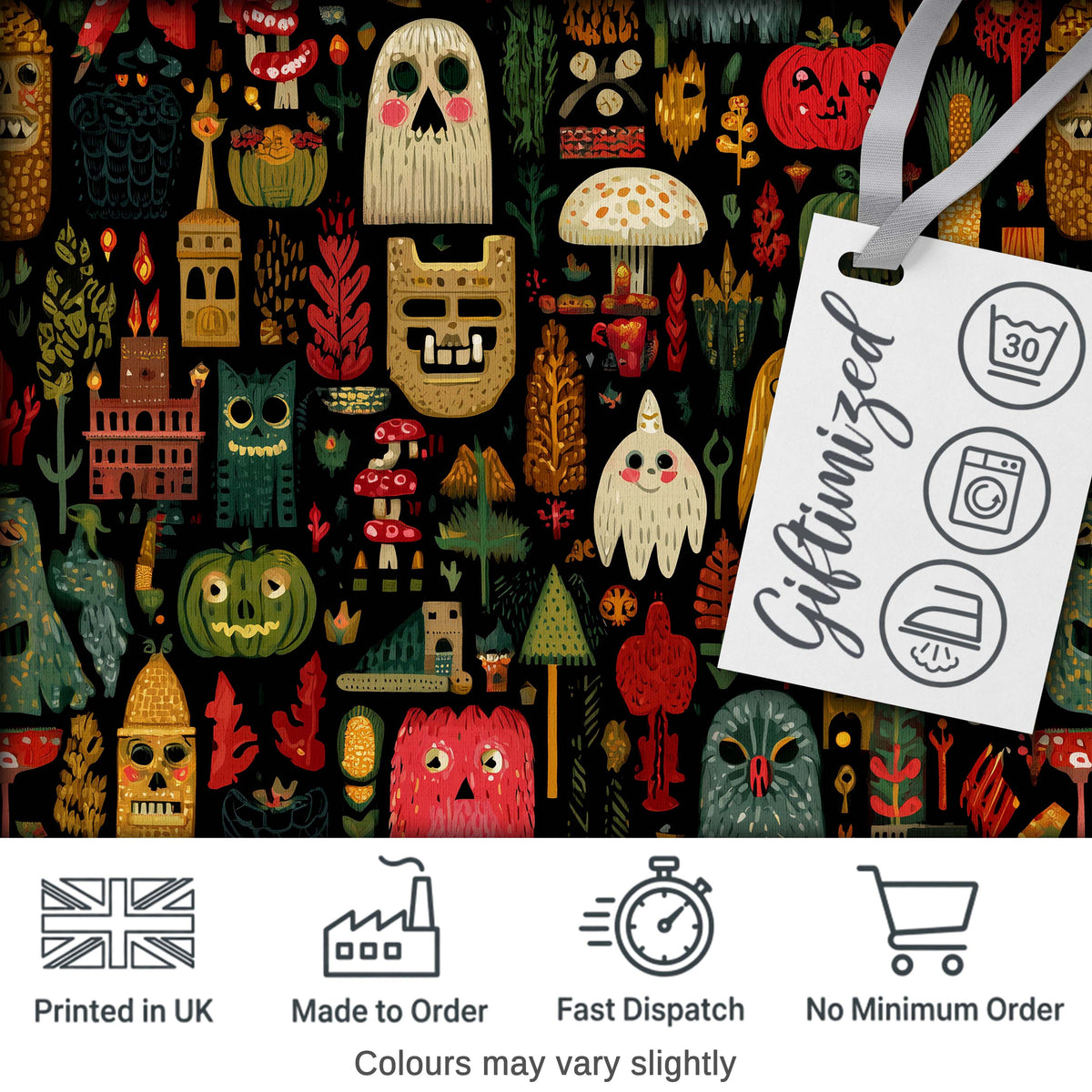 Folk Art Halloween Creatures Masks and Nature Seamless Pattern Digital Print Fabric by the Metre UK Sewing Quilting Textile