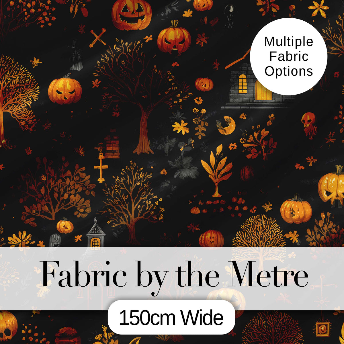 Haunted House Pumpkin Autumn Night Seamless Pattern Digital Print Fabric by the Metre UK Sewing Quilting Textile