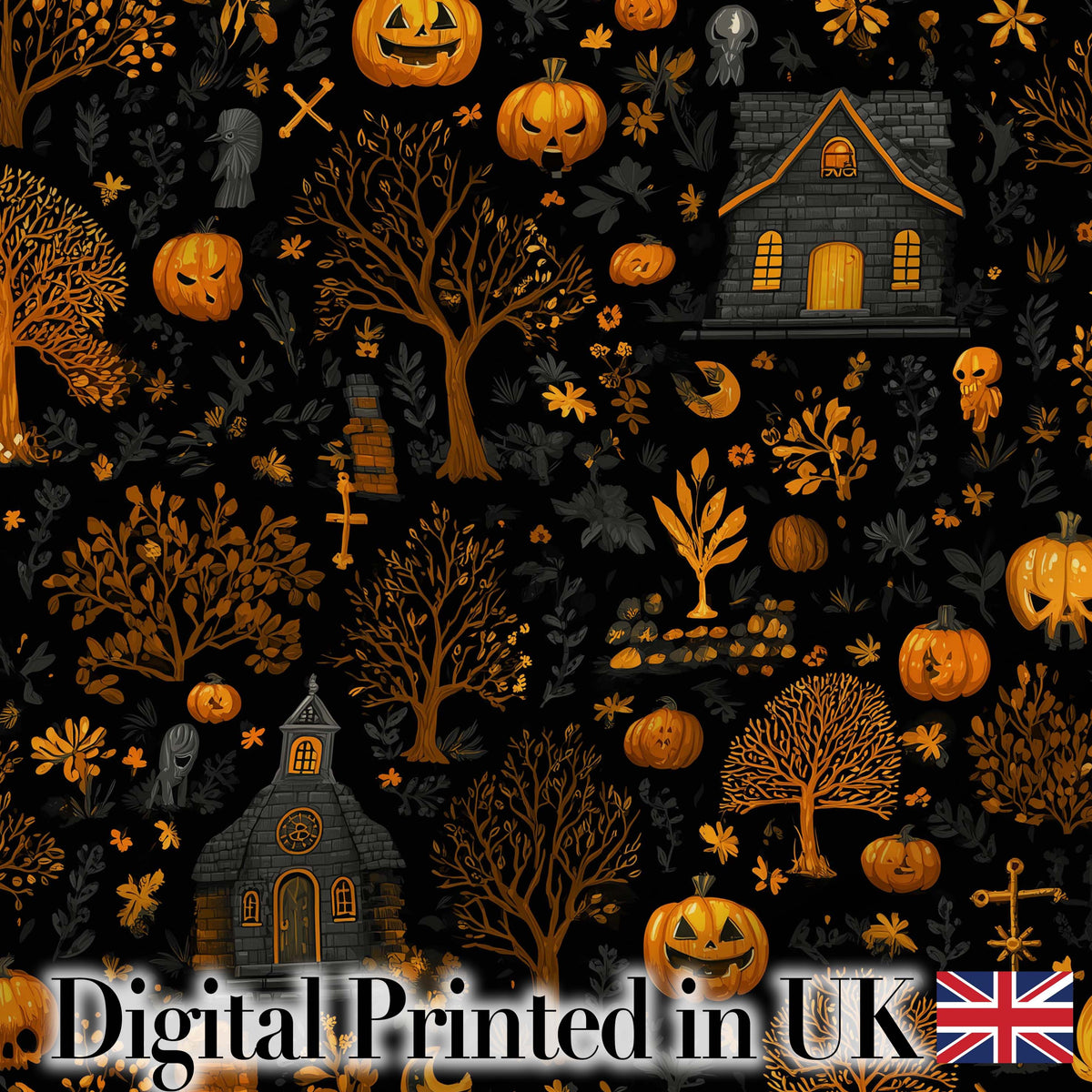 Haunted House Pumpkin Autumn Night Seamless Pattern Digital Print Fabric by the Metre UK Sewing Quilting Textile
