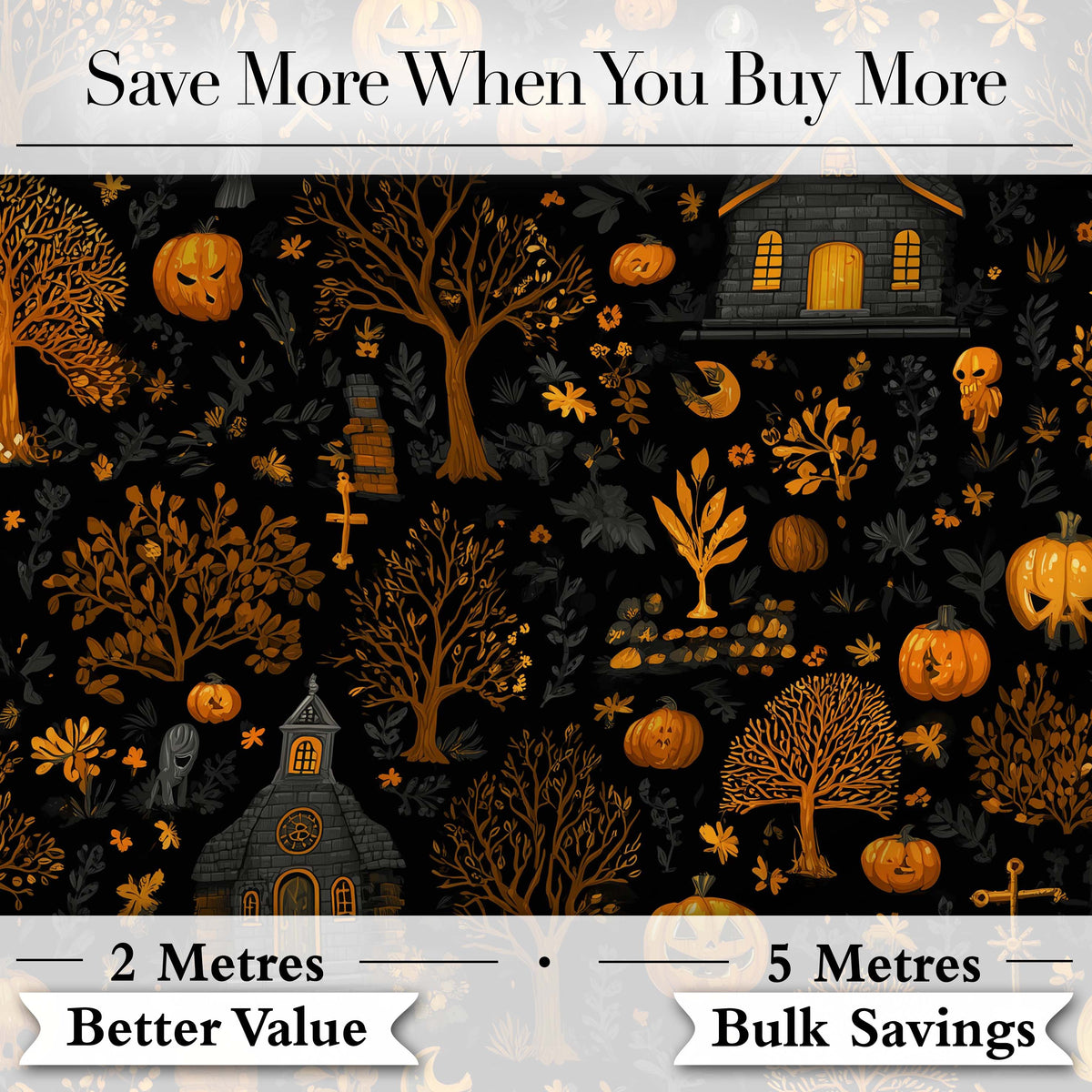 Haunted House Pumpkin Autumn Night Seamless Pattern Digital Print Fabric by the Metre UK Sewing Quilting Textile
