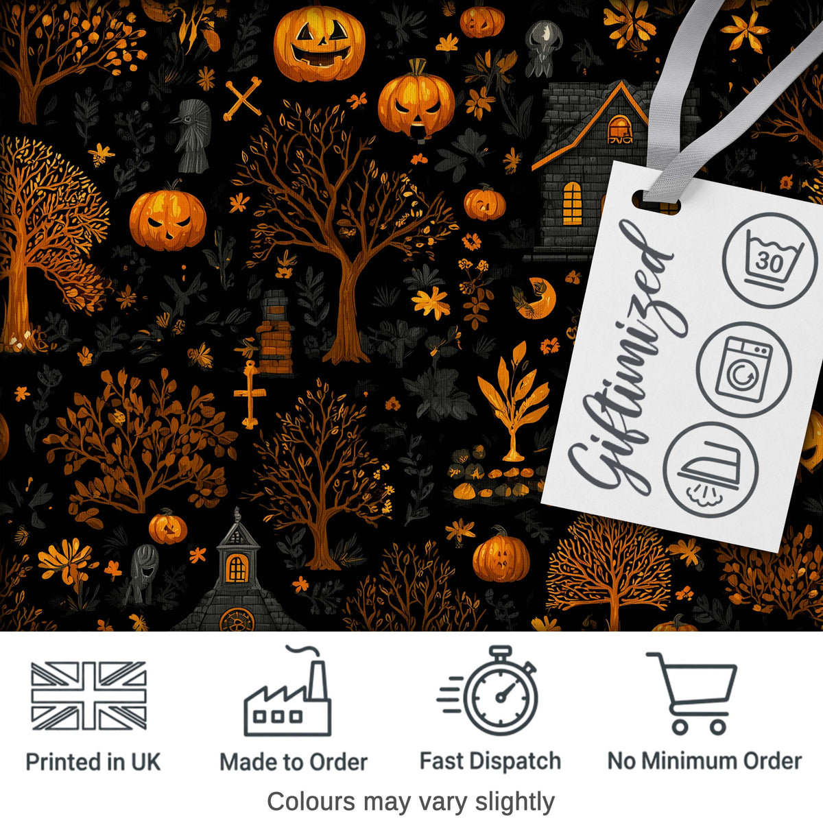 Haunted House Pumpkin Autumn Night Seamless Pattern Digital Print Fabric by the Metre UK Sewing Quilting Textile