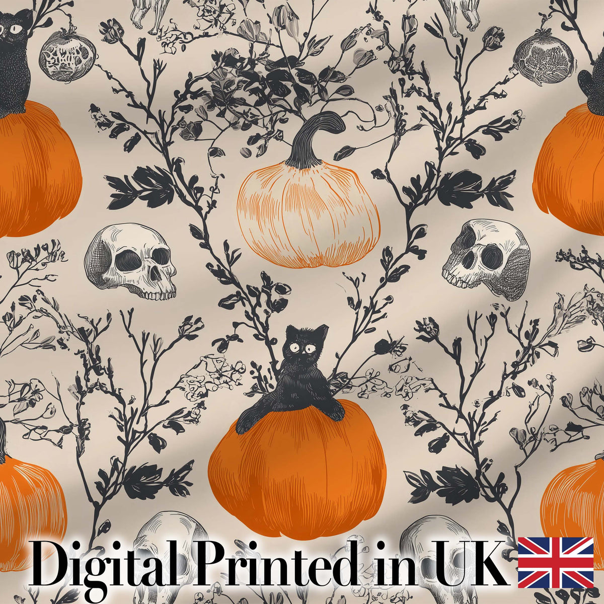 Vintage Pumpkin Skull Botanical Cream Seamless Pattern Digital Print Fabric by the Metre UK Sewing Quilting Textile