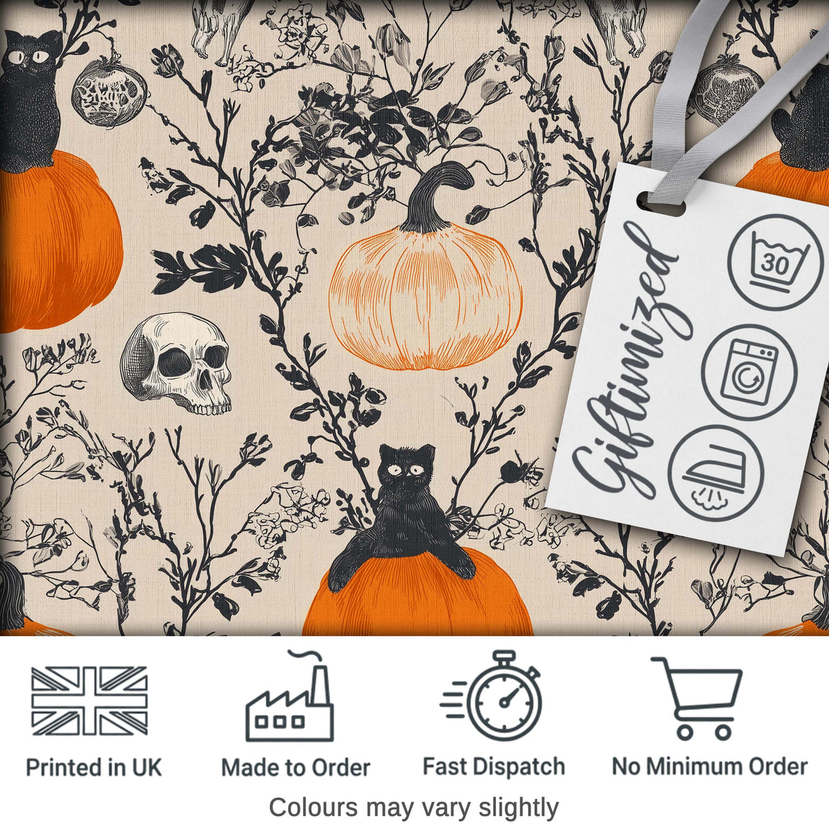Vintage Pumpkin Skull Botanical Cream Seamless Pattern Digital Print Fabric by the Metre UK Sewing Quilting Textile
