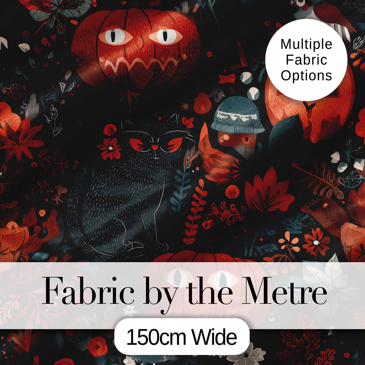 Halloween Black Cat Pumpkin Autumn Leaves Seamless Pattern Digital Print Fabric by the Metre UK Sewing Quilting Textile