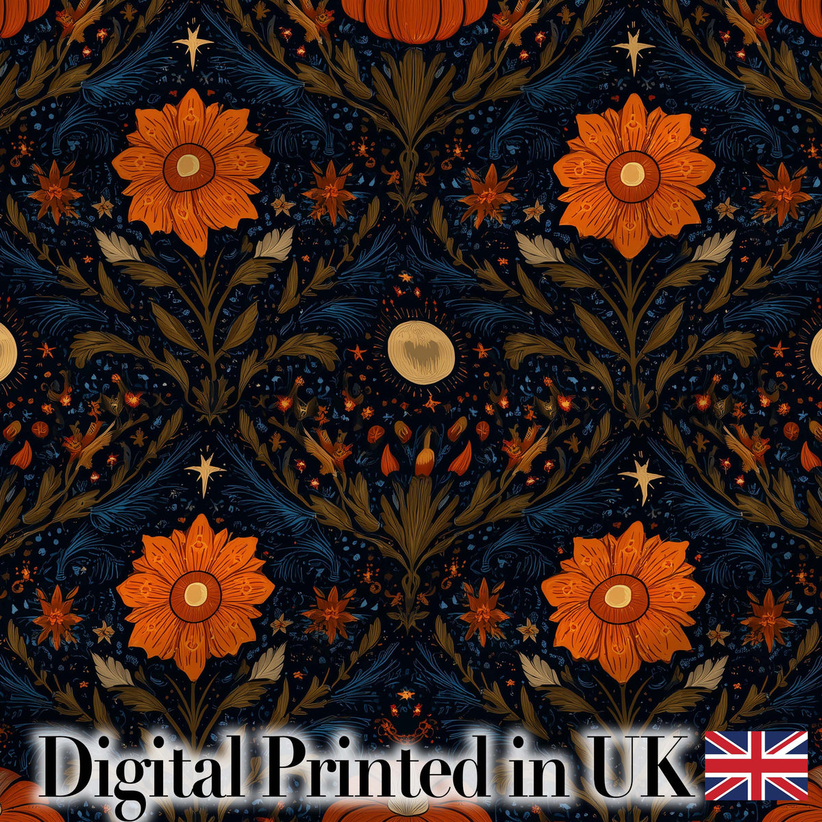 Mystic Night Floral Star Moon Botanical Seamless Pattern Digital Print Fabric by the Metre UK Sewing Quilting Textile