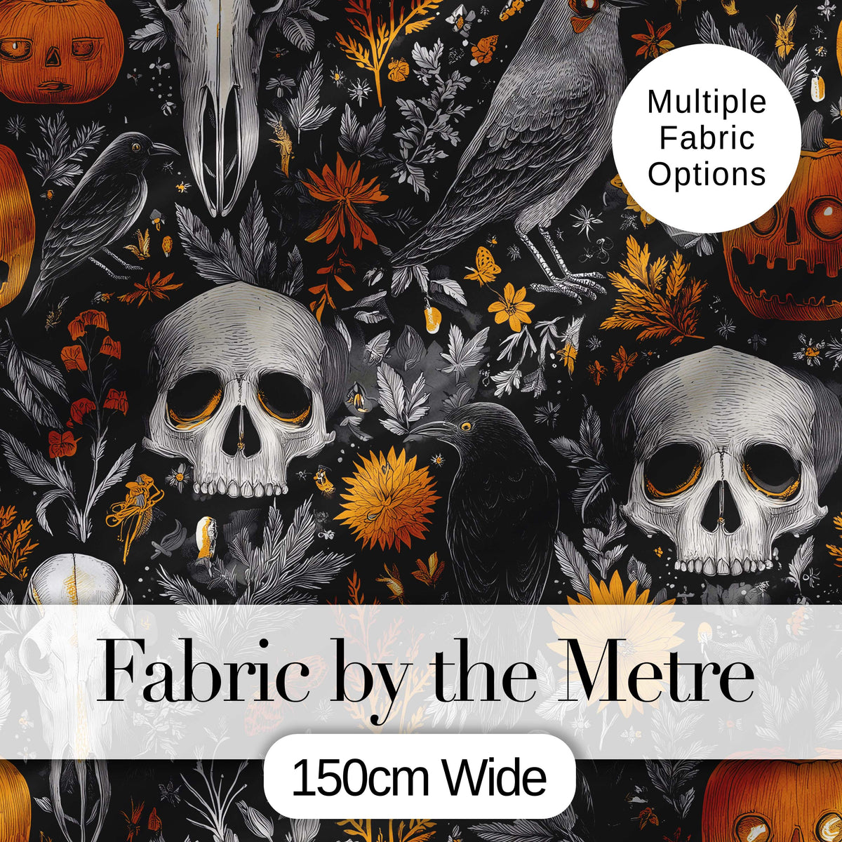 Halloween Skull Raven Botanical Black Orange Seamless Pattern Digital Print Fabric by the Metre UK Sewing Quilting Textile