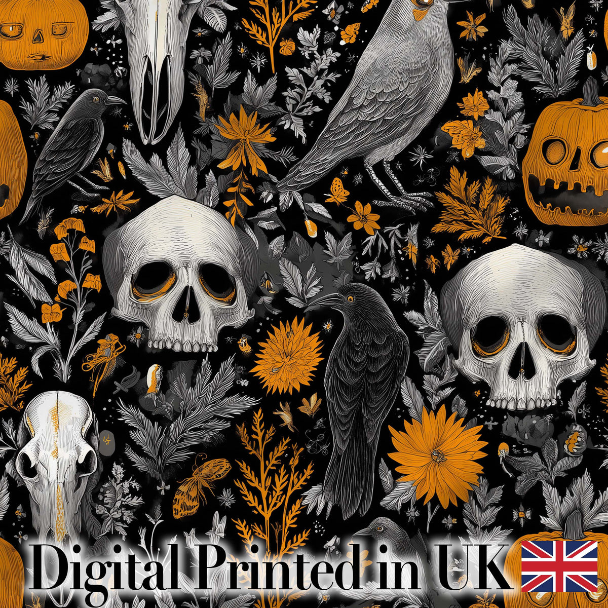 Halloween Skull Raven Botanical Black Orange Seamless Pattern Digital Print Fabric by the Metre UK Sewing Quilting Textile