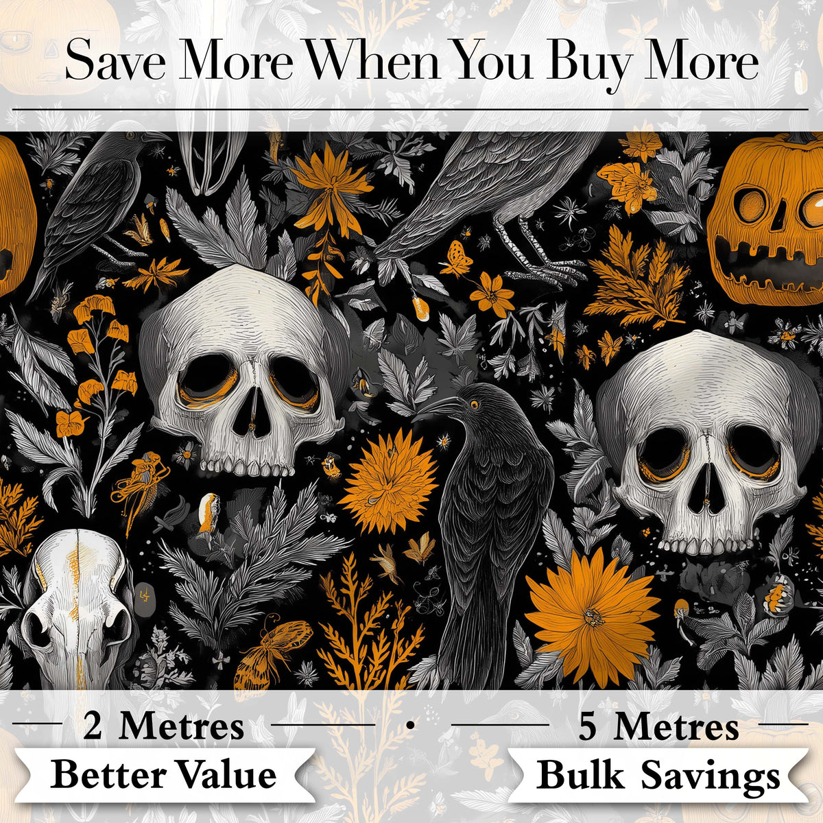 Halloween Skull Raven Botanical Black Orange Seamless Pattern Digital Print Fabric by the Metre UK Sewing Quilting Textile