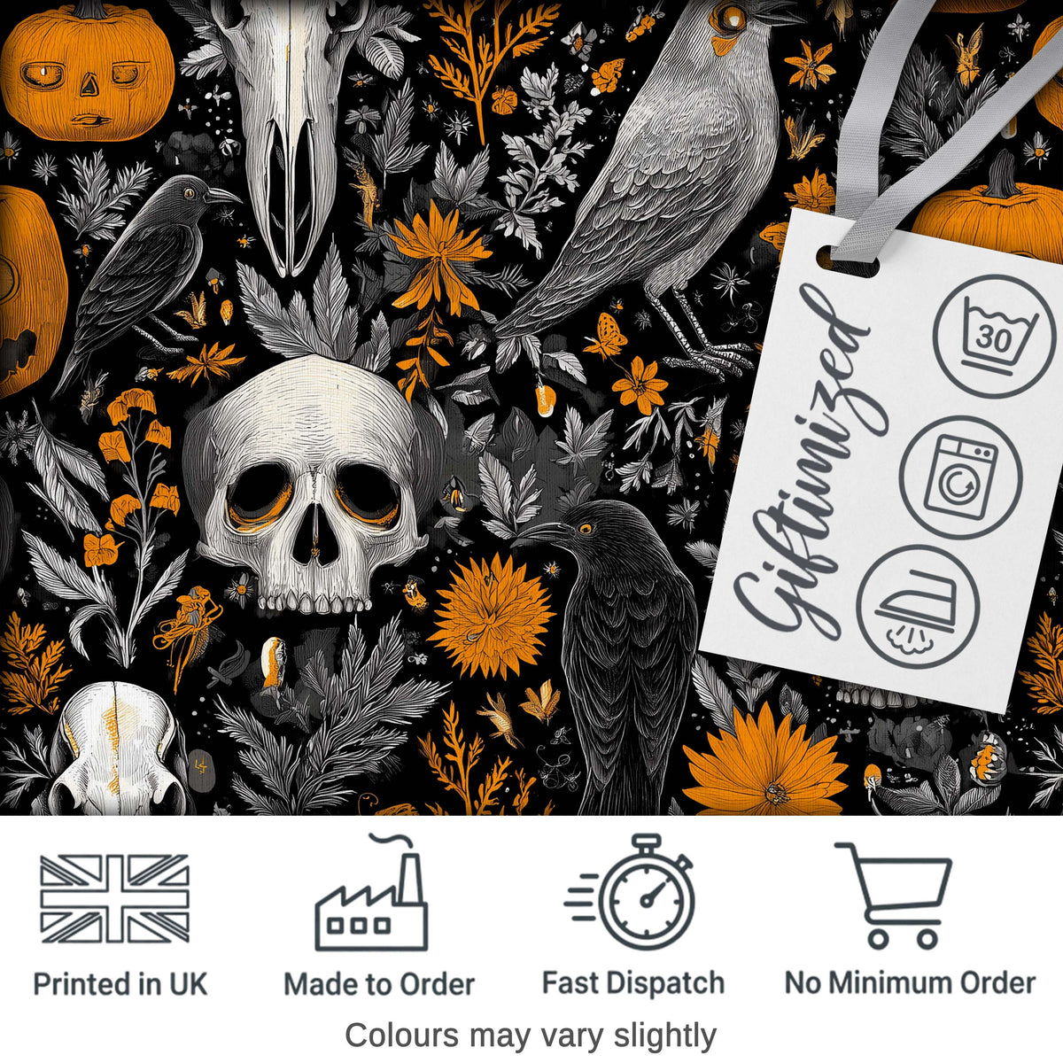 Halloween Skull Raven Botanical Black Orange Seamless Pattern Digital Print Fabric by the Metre UK Sewing Quilting Textile