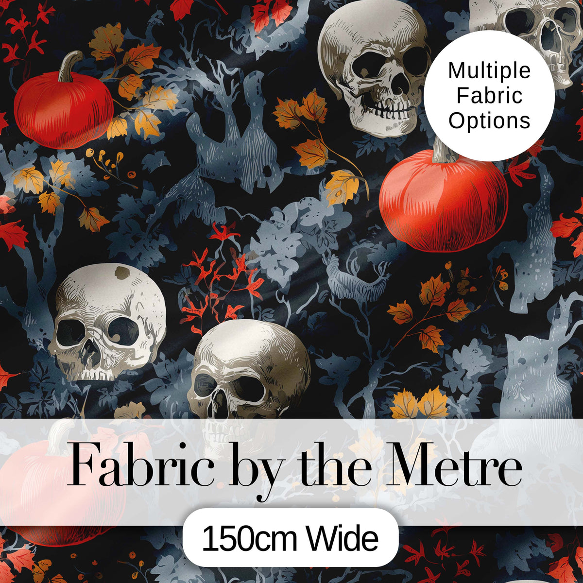 Dark Forest Skull Pumpkin Autumn Leaves Seamless Pattern Digital Print Fabric by the Metre UK Sewing Quilting Textile