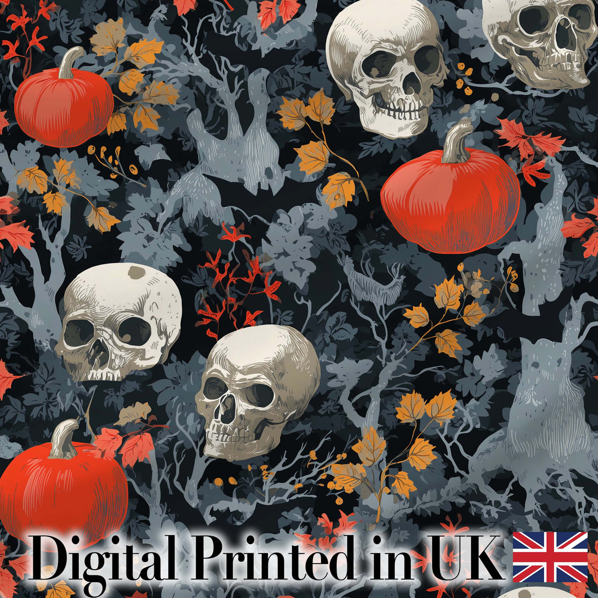 Dark Forest Skull Pumpkin Autumn Leaves Seamless Pattern Digital Print Fabric by the Metre UK Sewing Quilting Textile
